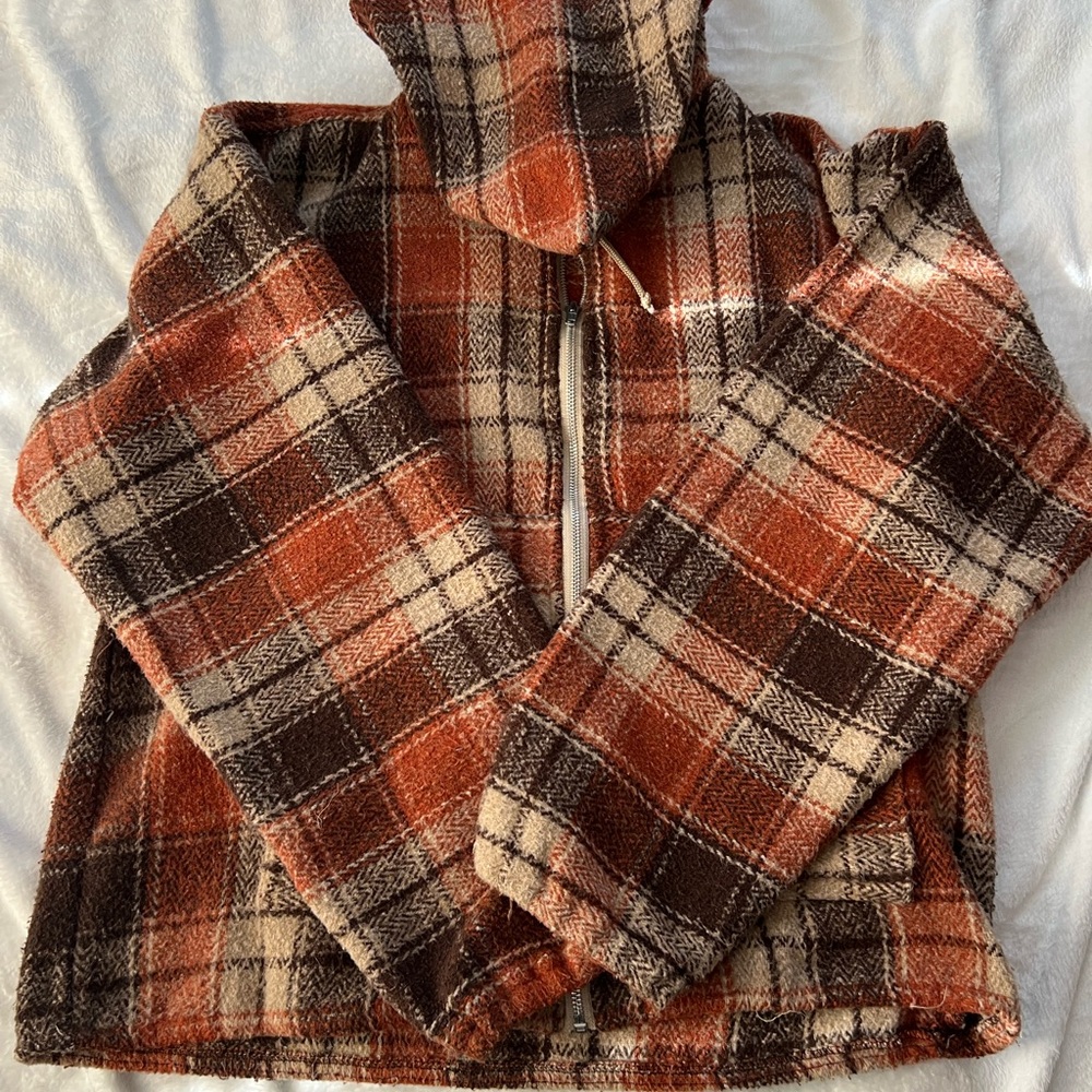 brown and orange plaid jacket